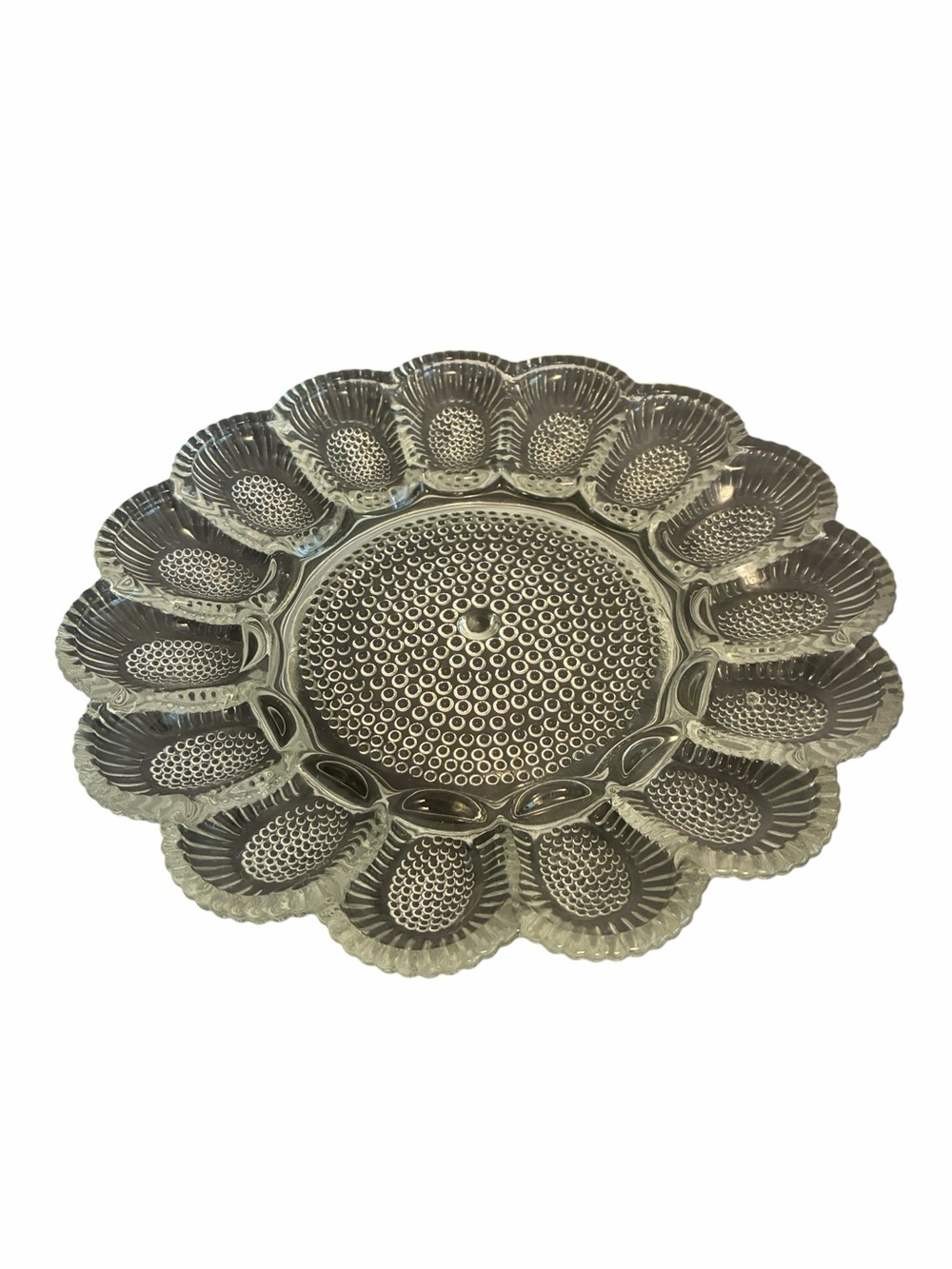 Indiana Glass Vintage Hobnail Deviled Egg Platter 15 Slot Scalloped Serving Tray